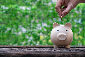 A hand deposits a coin into a piggy bank, symbolizing savings and financial planning against a blurred green background.