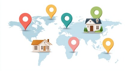 Illustration of a world map with colorful location markers and houses, symbolizing real estate and global property locations.