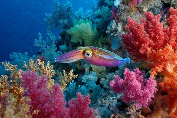 Fototapeta premium Colorful squid swims among vibrant coral reef in crystal clear water