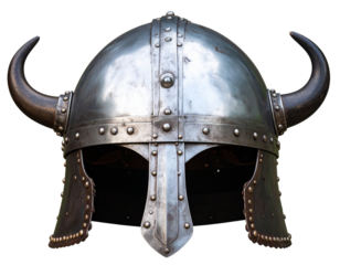 An ancient Viking-style battle helmet made of worn steel with rivets and horn attachments, symbol of Scandinavian history and myth, isolated on a transparent background.