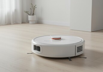 Autonomous vacuum cleaner robot cleaning a minimalist living room floor at home