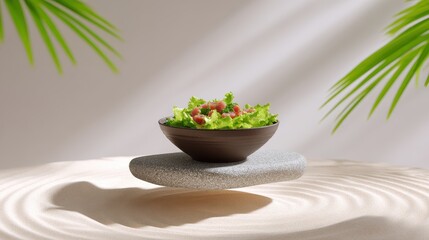 Zen Salad Still Life: Fresh salad presented on a stone pedestal.