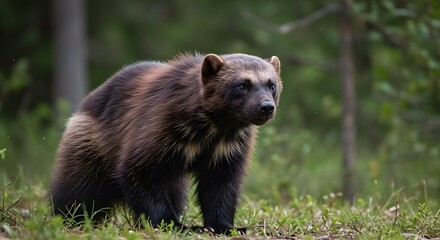 Fototapeta premium Majestic Wolverine in Forest, Focused on the Details of Fur and Eyes