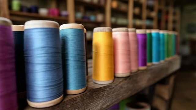 Vibrant Spools of Thread Displayed on Wooden Shelf