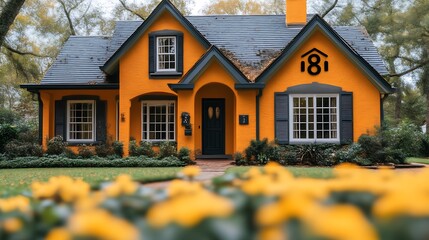 A brightly painted house showcasing its architectural features and landscaping