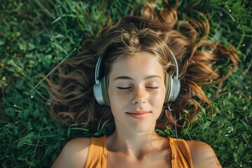 A young girl relaxes on green grass, wearing headphones. Her eyes are closed in contentment as she enjoys her favorite tunes, surrounded by nature on a warm sunny day