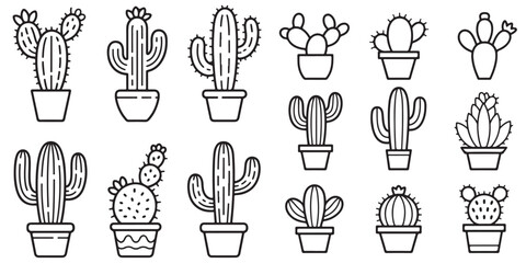 Collection of Black and White Cactus Silhouettes icons, Different Cactus Plants in Pots Line Art Illustrations