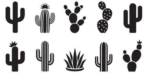 Collection of Black and White Cactus Silhouettes icons, Different Cactus Plants in Pots Line Art Illustrations