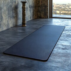 An indoor yoga mat lies ready on a concrete floor