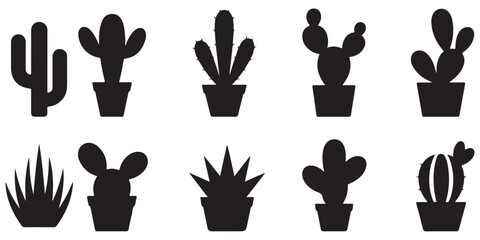 Collection of Black and White Cactus Silhouettes icons, Different Cactus Plants in Pots Line Art Illustrations