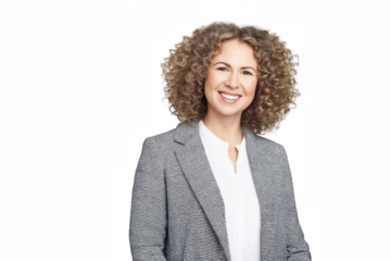 Mid-thirties woman in gray checkered blazer and white blouse with transparent background