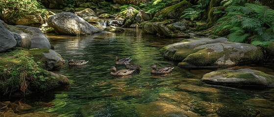 Ducks swimming in tranquil stream lush forest nature photography