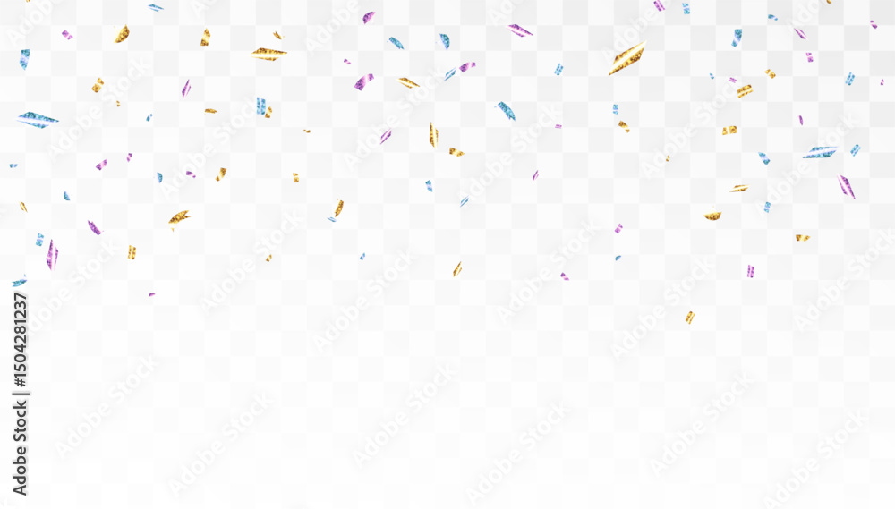 Poster falling shiny confetti particles with bright colorful glow on transparent background. element for fe