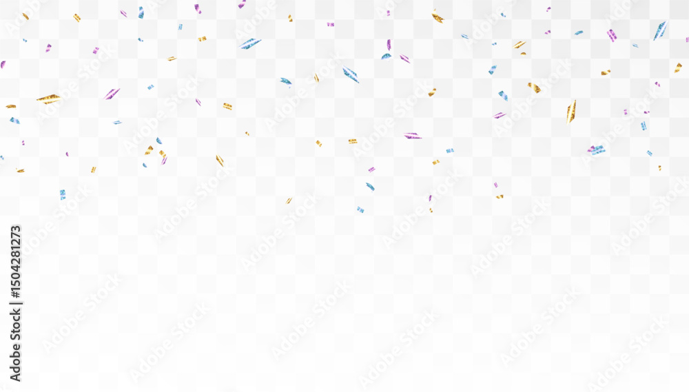 Poster falling shiny confetti particles with bright colorful glow on transparent background. element for fe