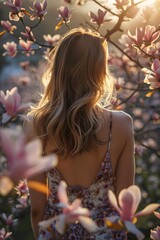 A woman stands in a blooming magnolia garden, surrounded by pink flowers. The warm sunlight illuminates her hair and creates a serene atmosphere, evoking feelings of tranquility and beauty
