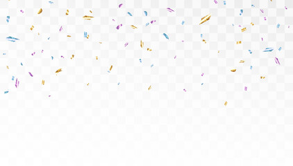 Falling shiny confetti particles with bright colorful glow on transparent background. Element for festive design, advertising and animations.