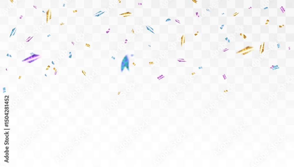 Poster falling shiny confetti particles with bright colorful glow on transparent background. element for fe