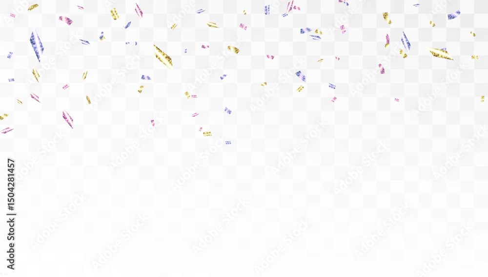 Poster falling shiny confetti particles with bright colorful glow on transparent background. element for fe
