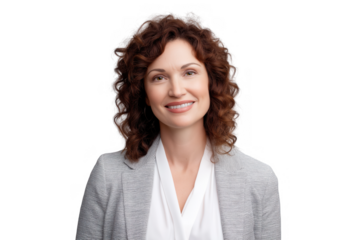 Professional portrait of a woman in a white blouse and gray blazer with curly brown hair, isolated on transparent background