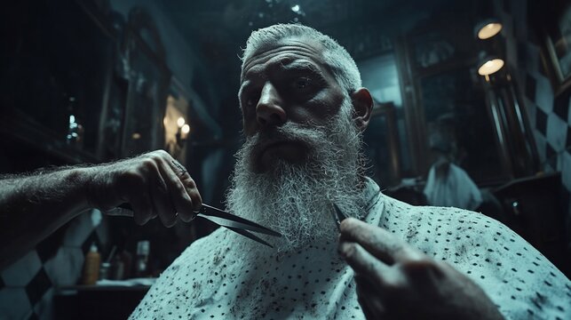 Barbershop trim, focused close-up.  Experienced barber meticulously cuts a mature client's long beard