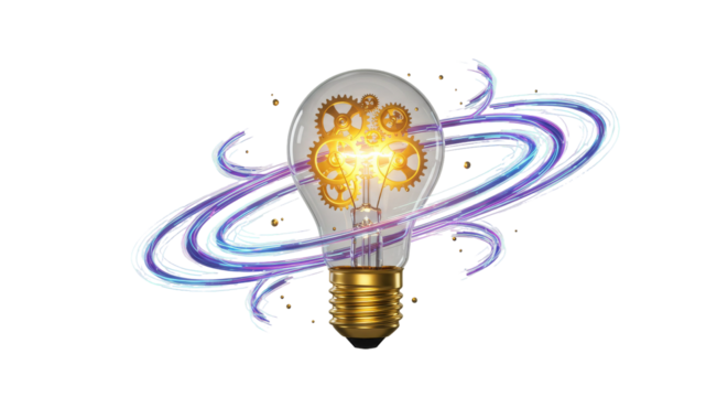 Illuminated idea bulb orbits with swirls