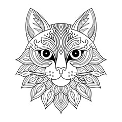 A black and white mandala cat head design illustration line art of a coloring page 