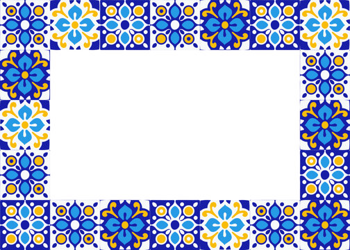 Mediterranean ceramic tile frame with vibrant ornamental patterns in blue, yellow, and white. Perfect for summer invitations, wedding templates, travel cards, or digital scrapbooking. Vector 