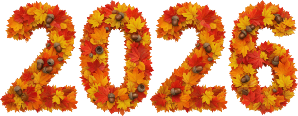 Autumnal 2026 Design Number Created with Fall Leaves and Acorns