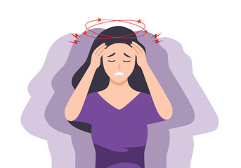 The woman suffers from nausea. Nausea during pregnancy, vomiting. Symptom of illness, health problems. Poisoning,Abdominal pain.Isolated flat vector illustration