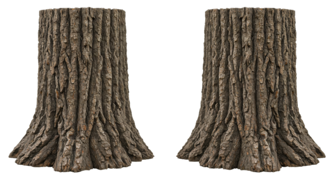 Twin tree trunks against black backdrop