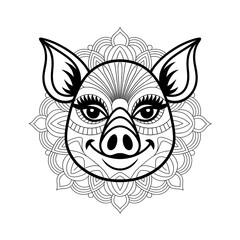 A black and white mandala pig head design illustration line art of a coloring page 
