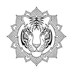 A black and white mandala tiger head design illustration of a coloring page 