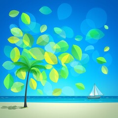 A bright and cheerful abstract beach illustration with a blue sky, ocean, a palm tree on the sand, and colorful translucent leaves floating in the air.