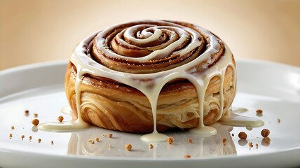 Indulge in a delectable cinnamon roll swirled with sweet icing dripping down its sides a tempting treat for breakfast or dessert perfect for baking blogs food photography and culinary websites