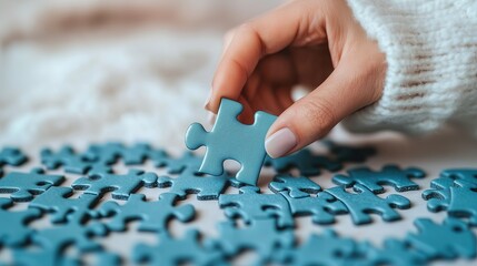 Solving a puzzle at home hand close-up lifestyle cozy setting