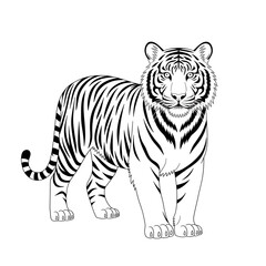 A black and white tiger illustration line art of a coloring page 