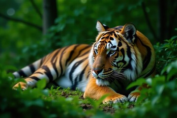 Obraz premium Large Siberian tiger slumbering amid foliage, hidden in shadows , wild, iconic