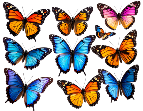 Colorful Set of Butterflies in Flight, isolated on transparent background.