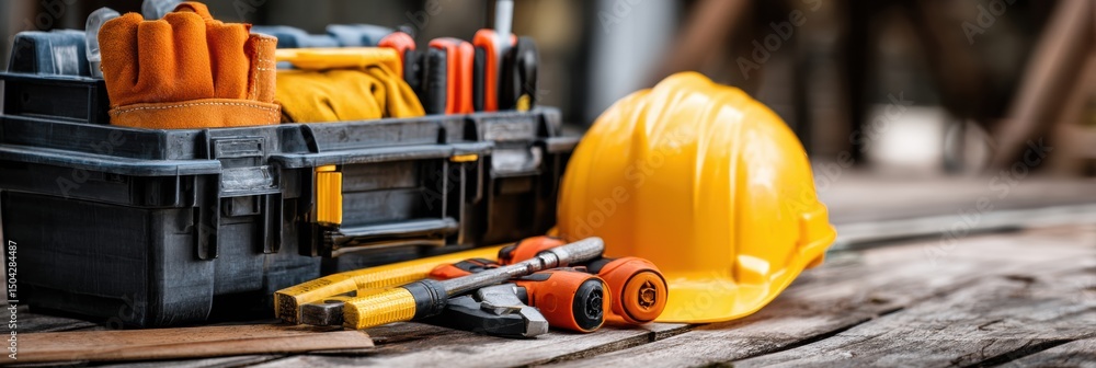 Poster Toolbox With Tools and Hard Hat Positioned on Wooden Surface for Construction Task Preparation