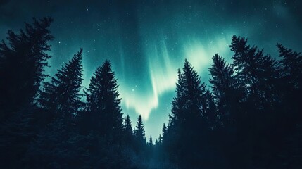 Fototapeta premium Silhouettes of evergreens under a vibrant aurora borealis.