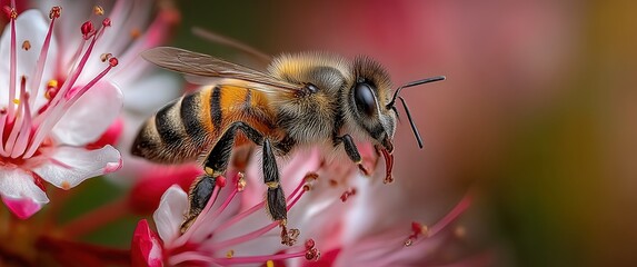 Bees pollinating flowers in vibrant garden macro photography nature