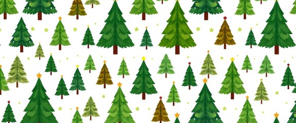 Obraz premium Festive seamless pattern of stylized Christmas trees in varying sizes and shades of green on a white background, modern, repeat