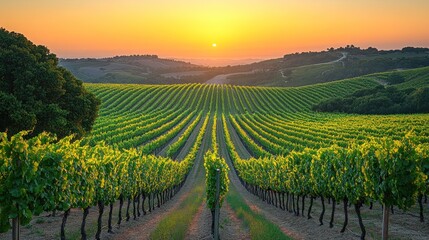 Naklejka premium Sunrise over picturesque vineyard rows in Tuscany, Italy.