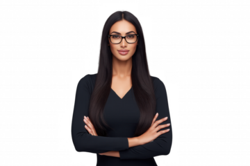 Young woman with dark hair and glasses in dark top, isolated on transparent background