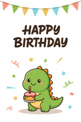 Cute vector birthday card featuring a dinosaur holding a cake and 