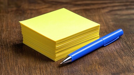 A small stack of sticky notes with a blue pen