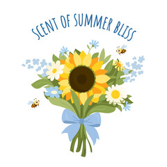 Summer floral composition with sunflower and bees Bright wildflower bouquet with ribbon and text Scent of summer bliss, for greeting card, eco packaging, seasonal print Joyful flat vector illustration