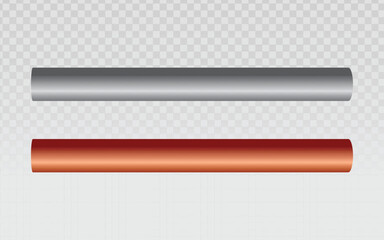 Two horizontal metal rods—one silver, one copper—placed against a transparent checkered background. Ideal for industrial, engineering, and material design applications.