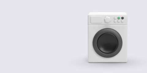 White Front-Loading Washing Machine With Buttons And Knob On Light Background, Minimalist 3D Style Representing Laundry, Household Appliance, And Home Hygiene Concept. Vector Illustration.