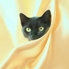 Black cat on yellow  silk background